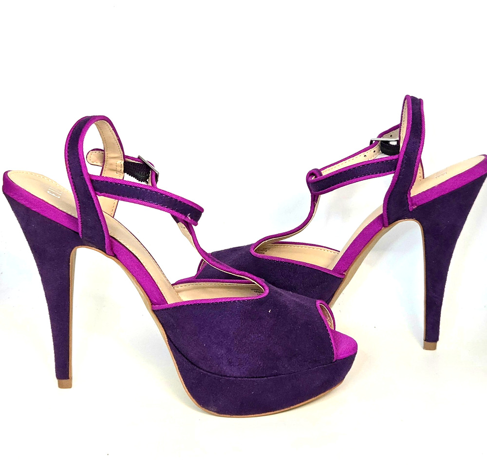 Y2K Purple Faux Suede Heels Size 7 Platform Slingback T Strap Pumps Retro Glam